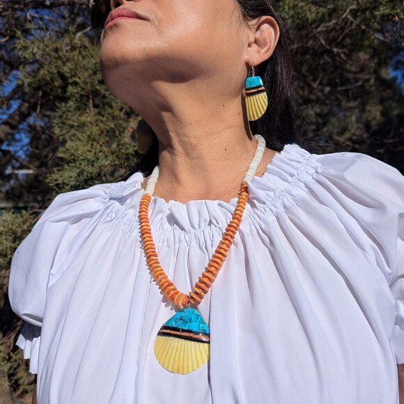 Native American Handmade Tribal Necklace Earrings Set Santo Domingo Kewa Shell * - Picture 1 of 13